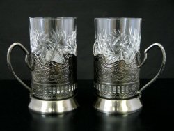 Combination of 2 Russian CUT Crystal Drinking Tea Glasses W/metal Glass Holders “Podstakannik” for Hot or Cold Liquids