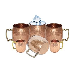 DakshCraft ® Handmade Pure Copper Hammered Moscow Mule Mug Set of 4 with 2 Copper Shot Mugs