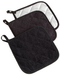 DII 100% Cotton, Machine Washable, Quilted Everyday Heat Resistant Kitchen Basic Terry Potholder Set of 3, Black