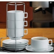 HIC 9-Piece Stackable Cappuccino Coffee Tea Set, Fine White Porcelain, Set Includes 4 (7-Ounce) Cups with Matching Saucers and Metal Stand, Gift Boxed