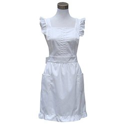 Hyzrz Lovely White Retro Lady’s Aprons for Women’s Cake Kitchen Fashion Cook Apron Chic with Pockets for Gift Chic Cotton Mother’s Day Gift (White)