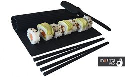 Mashta Sushi Making Kit Non Stick Silicone -Rolling Mat, Spatula and 2 Chopsticks Included, Black