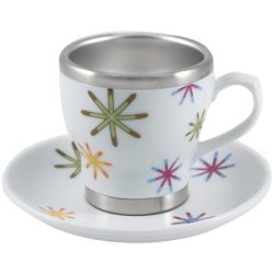 Pearl Corner Cafe Porcelain & Stainless Steel Double Walled Espresso Cup and Saucer, Set of 4 (Pearl Rainbow Stars)