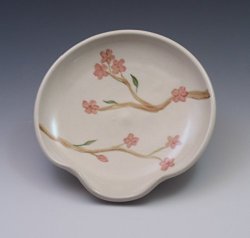 Porcelain spoon rest, hand thrown and hand painted in cherry blossom design