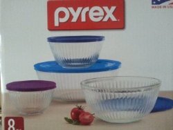 Pyrex 8 Piece Ribbed Bowl (4) Set Including 3 Blue and 1 Purple Locking Lids