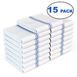 Royal 15 PACK Classic Kitchen Towels, 100% Natural Cotton, 14 x 25, Commercial Restaurant Grade, Herringbone Weave Dish Cloth, Absorbent and Lint-Free, Machine Washable, White with Blue Stripe