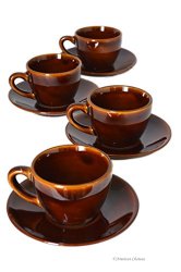 Set 4 Brown Porcelain 4oz Demitasse Espresso Coffee Cups with Handles & Saucers