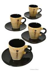 Set 4 Caramel-Color Ceramic Demitasse “Espresso” Cups with Black Handles & Saucers