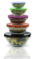 Stackable Glass Lunch Bowls / Multi Purpose Food Containers with Multi Color Lids – 5 Piece Set
