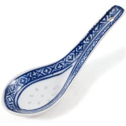 White Porcelain Blue Patterned Asian Soup Spoons, Set of 4