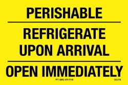 Polar Tech SCL218 Pressure Sensitive Permanent Adhesive Label, “PERISHABLE REFRIGERATE UPON ARRIVAL OPEN IMMEDIATELY”, 3″ Length x 2″ Width, Black on Yellow (Roll of 500)
