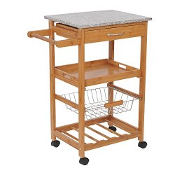 HomCom 31″ Rolling Wooden Kitchen Trolley Cart with Wine Rack – Granite Top