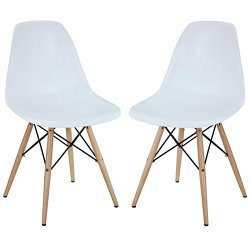 LexMod Two Plastic Side Chairs in White with Wooden Base
