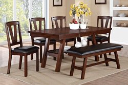 Poundex F2271 & F1331 & F1332 Dark Walnut Table & Chairs/Bench Dining Set