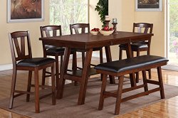 Poundex F2273 & F1333 & F1334 Walnut Table & Chairs/Bench Counter Dining Set