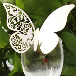 Fonder Mols Pack of 50 White Butterfly Wedding Table Paper Place Card Escort Name Card Wine Glass Card for Wedding Party Decoration