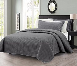 3pcs Solid Modern Quilted Coverlet Set (King, Charcoal)