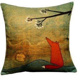 Animal Series Cartoon Style the Lovely Fox Under the Tree Throw Pillow Case Decor Cushion Covers Square 18*18 Inch Beige Cotton Blend Linen