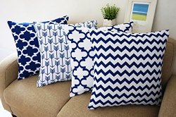 Blue and White Howarmer® Square Cotton Canvas Decorative Throw Pillows Set of 4 Accent Pattern – Navy Blue Quatrefoil, Navy Blue Arrow, Chevron Cover Set 18″x 18″