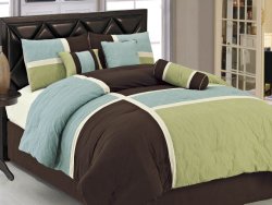 Chezmoi Collection 7-Piece Coffee Quilted Patchwork Comforter Set, California King, Aqua Blue/Sage Green