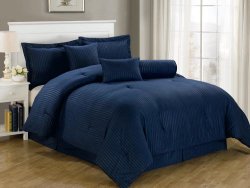 Chezmoi Collection 7-Piece Dobby Stripe Comforter Set, Queen, Navy Blue