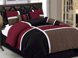 Chezmoi Collection 7-Piece Quilted Patchwork Comforter Set, King, Burgundy/Brown/Black