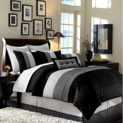 Chezmoi Collection 90 x 92-Inch 8-Piece Luxury Stripe Comforter Bed-in-a-Bag Set, Queen, Black/White/Grey