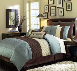 Chezmoi Collection 90 x 92-Inch 8-Piece Luxury Stripe Comforter Bed-in-a-Bag Set, Queen, Blue/Beige/Brown