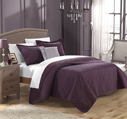 Chic Home 4 Piece Barcelo Traditional Embroidery Quilt Set with Embroidered Decorative Pillow, Queen, Plum