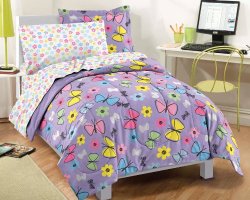 Dream Factory Sweet Butterfly Ultra Soft Microfiber Girls Comforter Set, Purple, Twin