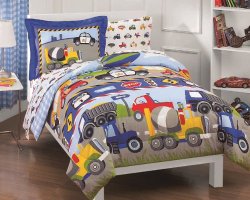 Dream Factory Trucks Tractors Cars Boys 5-Piece Comforter Sheet Set, Blue Red, Twin