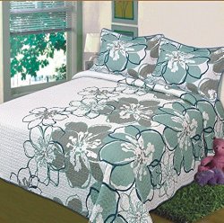 Fancy Collection 3 Pc Bedspread Bed Cover White Grey Green Floral (King)