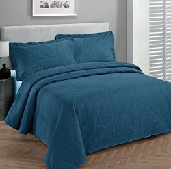 Fancy Collection 3pc Luxury Bedspread Coverlet Embossed Bed Cover Solid Blue New Over Size 118″x106″ King/california King