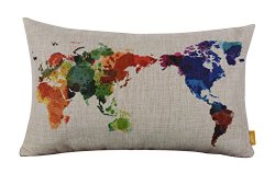 LINKWELL 20″ x 12″ Modern Fashion Watercolor World Map Colorful Burlap Pillow Cases Cushion Covers