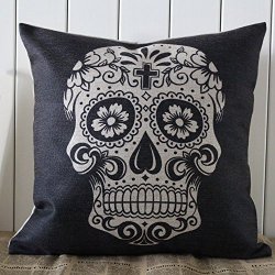 Linkwell 45x45cm Black Skull Halloween All Hallows’ Eve Gift Present Linen Cushion Covers Pillow Cases Trick-or-treating with Gift Card