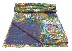 Multicolor Paisley Print King Size Kantha Quilt , Kantha Blanket, Bed Cover, King Kantha bedspread, Bohemian Bedding Kantha Size 90 Inch x 108 Inch