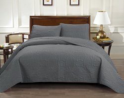 Rizzo Italian Collection Oversize Luxury Coverlet 100X106 Inches 1800 Premier series 3-Piece Bedspread Set – Queen, Grey