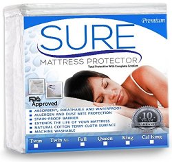 SURE Premium 100% Waterproof Mattress Protector – Hypoallergenic- Multiple Sizes 10 Year Warranty (Queen)