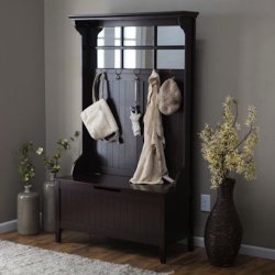 Espresso Entryway Hall Tree with Mirror Coat Hooks and Storage Bench (Black, 1)