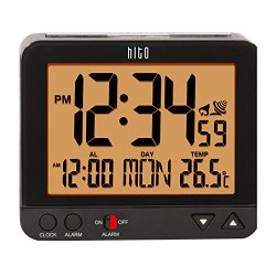 HITO Atomic Bedside Desk Travel Alarm Clock w/ Date, Temp, Week, Auto Night Light- Battery Operated