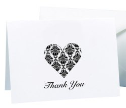 Hortense B. Hewitt Wedding Accessories White and Black Damask Heart Thank You Cards, 50 Count