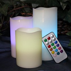 LED Lytes Multi Color Real Wax Battery Operated Flameless Candles, Set of 3 Ivory Wax and Remote