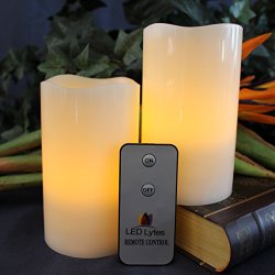 LED Lytes Real Wax Battery Operated Flameless Pillar Candles w/Remote-Set of 2-Amber Yellow Flame