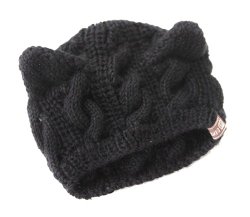 Leegoal Women Devil Horns Cat Ear Crochet Braided Knit Ski Wool Hat Cap,Black