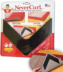NeverCurl – Instantly Stops Rug Corner Curling. Safe for wood floors w/rubber backing. Includes 4 pcs. Made in USA.