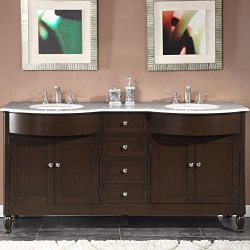 Silkroad Exclusive Marble Top Double Sink Bathroom Vanity with Dark Walnut Finish Cabinet, 72-Inch