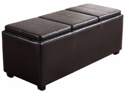 Simpli Home Avalon Faux Leather Rectangular Storage Ottoman with 3 Serving Trays, Large, Brown