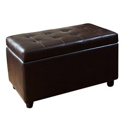 Simpli Home Cosmopolitan Faux Leather Rectangular Storage Ottoman Bench, Medium, Brown