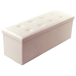 Songmics Faux Leather Folding Storage Ottoman Bench Foot Rest Stool Seat Footrest Beige 43.3″ x 15″ x 15″ ULSF70M