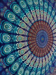 Blue Color Theme Queen Size Mandala Wall Tapestries, Psychedelic Indian Tapestry Bedding, Bohemian Wall Hanging, Floral Print Bed Cover